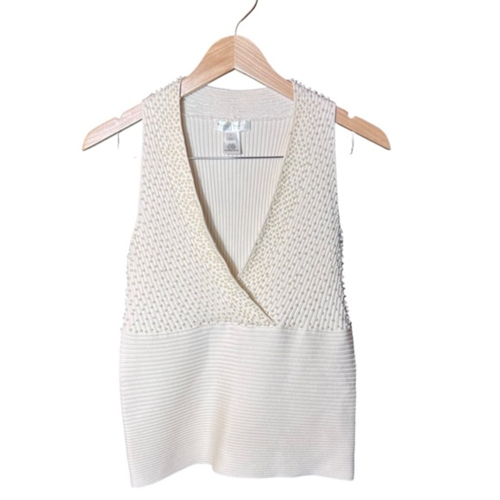 EUC Re-Posh White House Black Market Cream Pearl Encrusted Sweater Tank SZ L